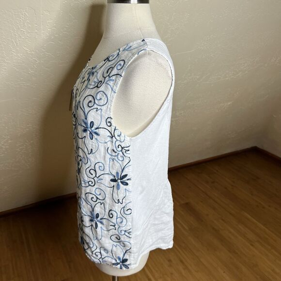Luca Vanucci Top Womens Small Linen White Blue Floral Stitching Sleeveless - Picture 6 of 8